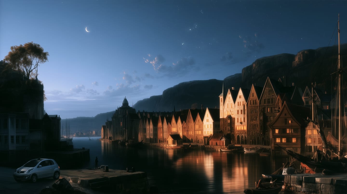 Maleri av Bryggen i skumringen, med lys i vinduene